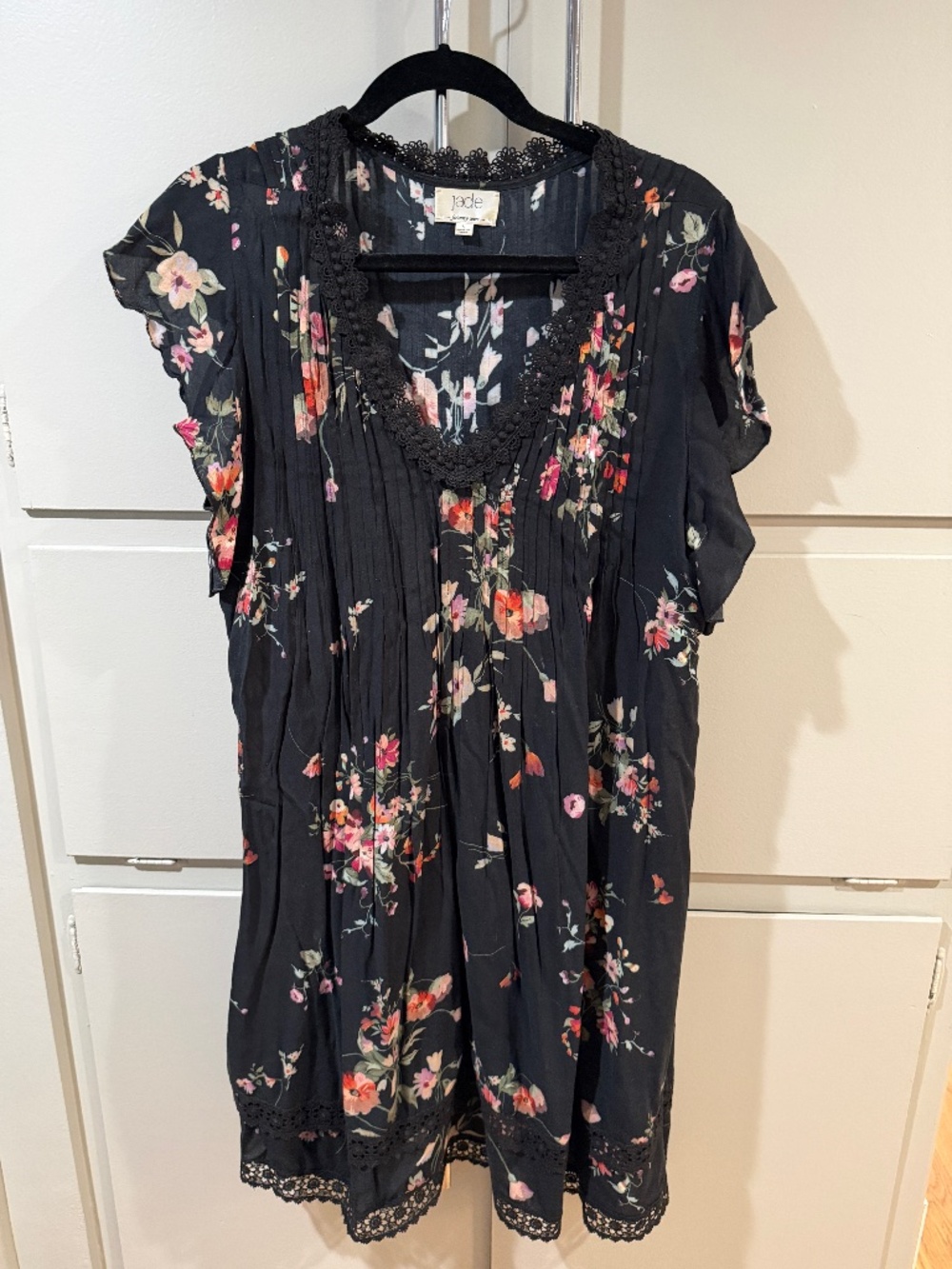 Johnny Was Jade Black Floral Tunic Top L Lace Trim Boho Sheer Blouse